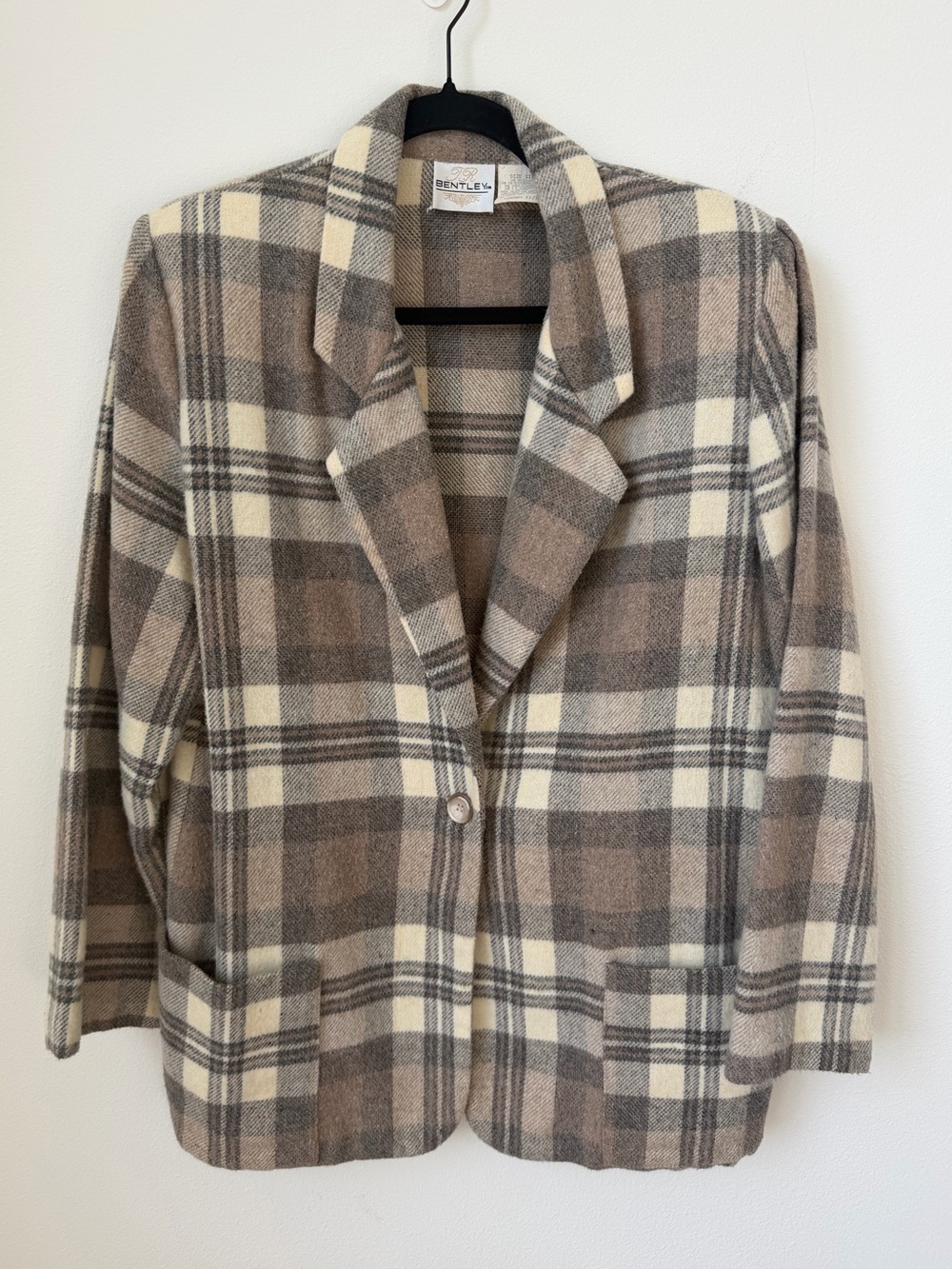 Vintage Wool Blend Plaid Blazer - Taupe, Cream & Gray